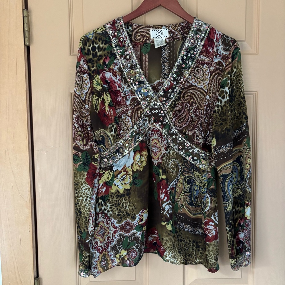 IXE | Fairy Whimsy Boho Floral Beaded Gypsy Silk Babydoll Y2K Tunic | Size M